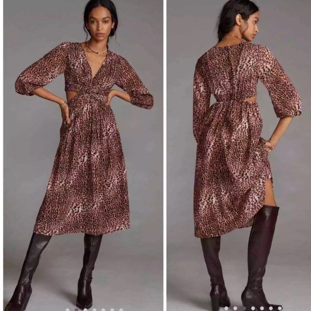 Anthropologie Ranna Gill Dress Cutout Animal Print Midi Dress Size XSP